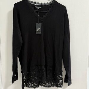 Adrianna Papell Black Lace Hem Blouse